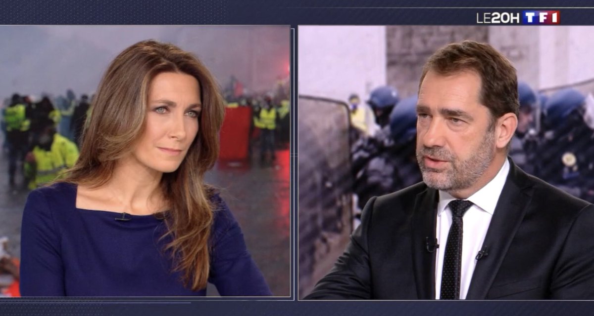 CCastaner's tweet photo. Je le dis solennellement aux gilets jaunes : ne vous laissez plus embarquer dans ces scènes de violences. 
Ne participez pas à ces attaques de factieux. 
Le Gouvernement vous tend la main. Nous devons dialoguer. Faire chemin commun. 
#1erDécembre
#LE20H https://t.co/EfQJ9BB40b
