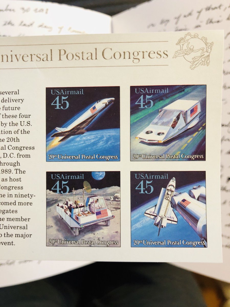 One last example for today. The end of the eighties might have been peak optimism of the overlap of space exploration and the US mail. These stamps depict future mail delivery off-planet. A nice idea straight out of Asimov.