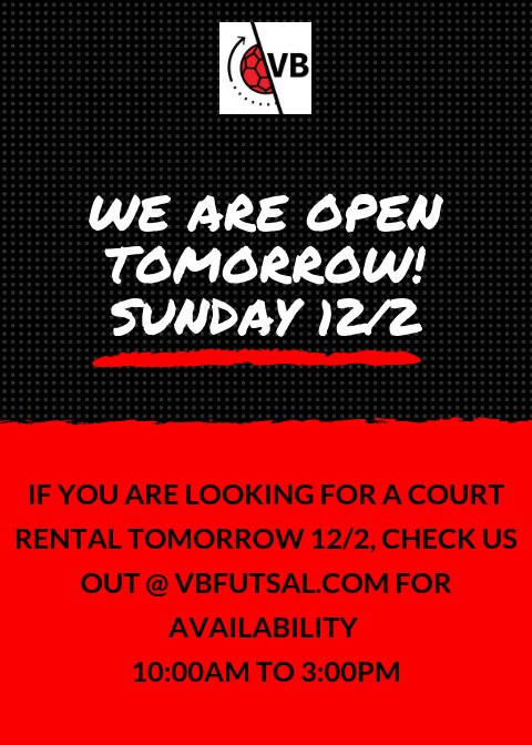 FutsalVb's tweet photo. Until league play starts, we will be open tomorrow Sun 12/2 from 10:00am to 3:00pm ‘ish. If you want to get inside and on the court , visit https://t.co/foRN6qIPDS to rent your time slot. Sunday is a great day to get better ! #thefutsalfutureisnow #vbfutsal https://t.co/dbQ8uSmv61
