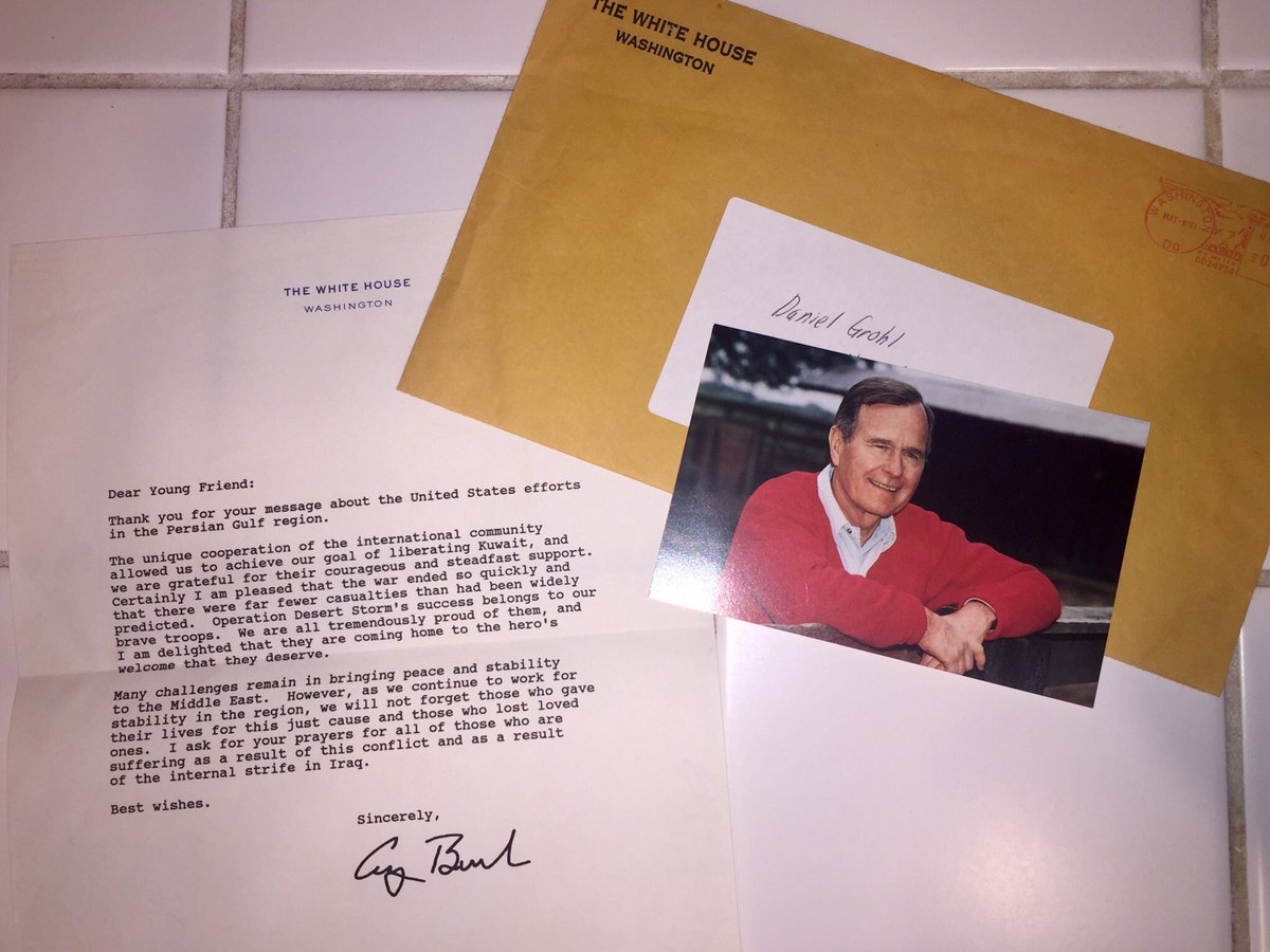 DanGrohl's tweet photo. Flashback to 1991... 7-year-old Dan writes a letter to @GeorgeHWBush about his thoughts on how to capture Saddam Hussein (I know, I know, weird). When I got an actual response from the PRESIDENT, I thought it was the coolest thing ever! #formletter #RIPGeorgeHWBush #Bush41 https://t.co/hjpr2SKVdM