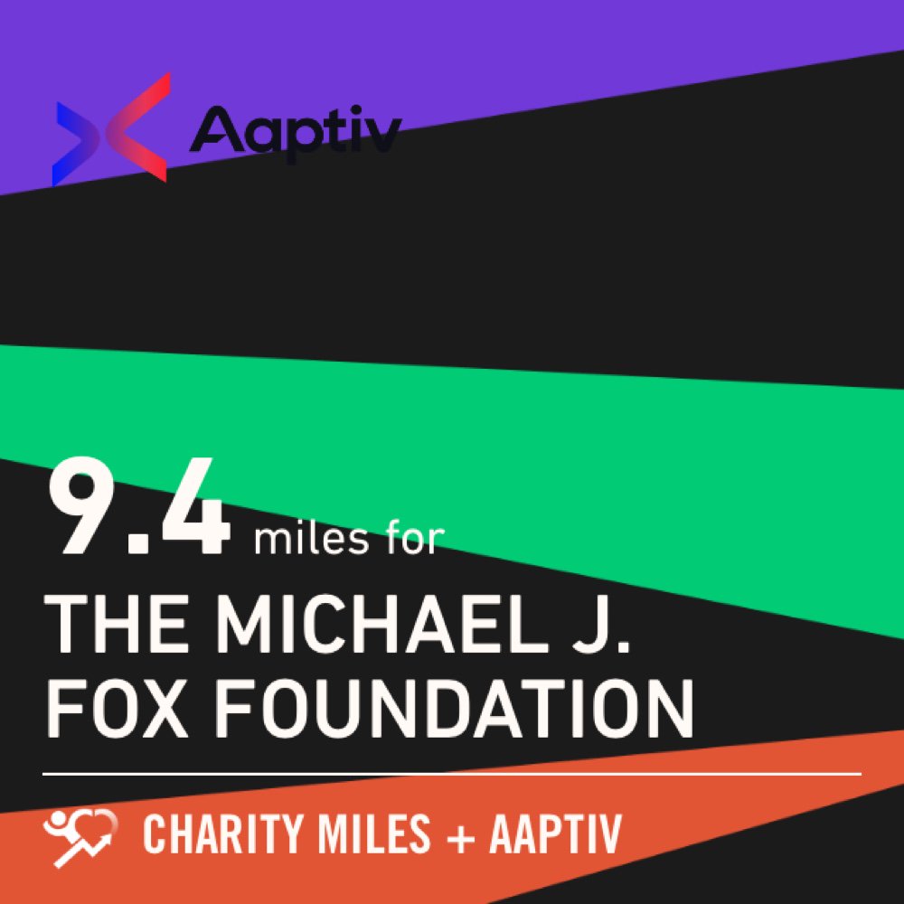 9.4 <a href="/CharityMiles/">Charity Miles</a> for <a href="/MichaelJFoxOrg/">michaeljfox.org</a>. Thx <a href="/Aaptiv/">Aaptiv</a> for sponsoring me! #Aaptiv5KYourWay.