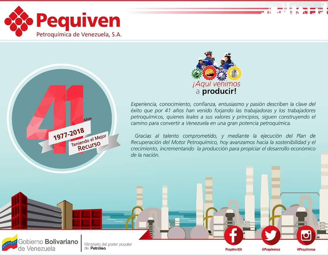 Propilvensa's tweet photo. Hoy celebramos con orgullo los 41 años de Petroquímica de Venezuela, S.A. Desde 1971 han experimentado procesos de reestructuración y consolidación que la han convertido en el brazo ejecutor del Motor Petroquímico y en el eslabón fundamental para el desarrollo económico del país https://t.co/z5vihwyreV