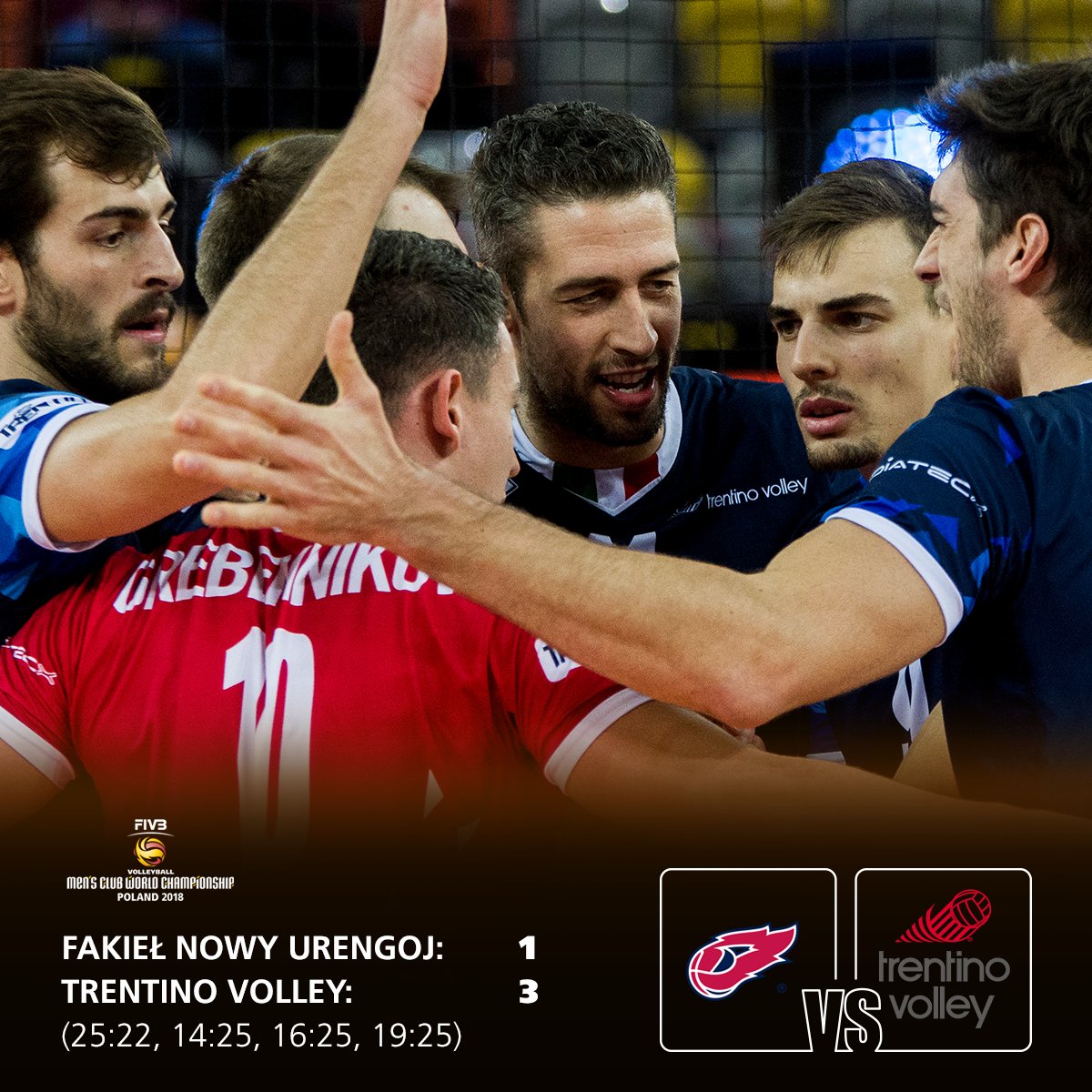 KMSPolska's tweet photo. @trentinovolley zwycięża półfinałowe starcie przeciwko @fakelvolley 3:1, a więc w jutrzejszym finale czeka nas włoski pojedynek! #FIVBmensCWCH https://t.co/zkf5Haqovb