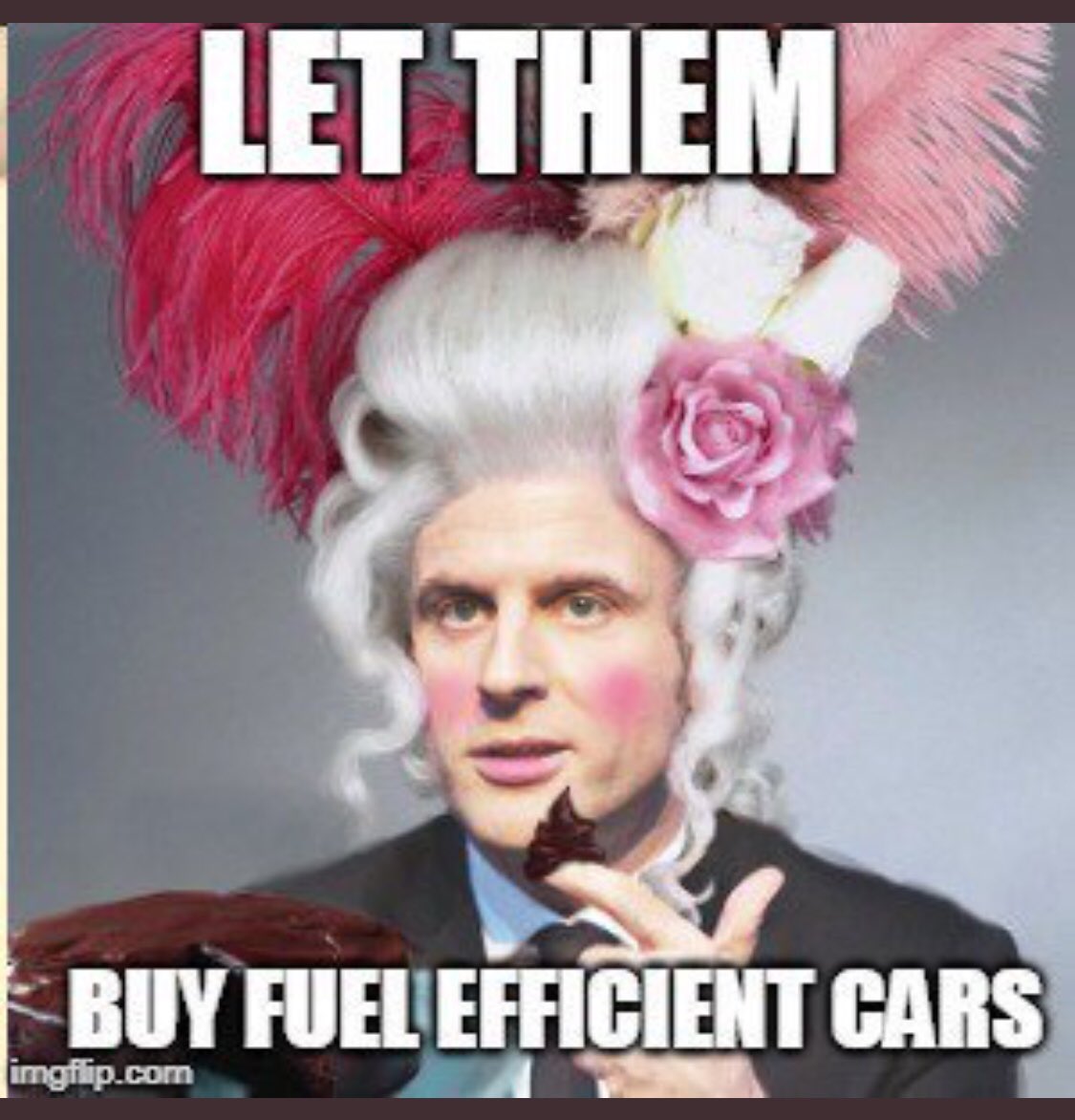 صورة يتداولها مغردون فرنسيون تمزج بين #ماكرون والملكة #ماري_انطوانيت
يقول الرئيس في الصورة، تعقيبا على الاحتجاجات على رفع اسعار البنزين، فليشتروا السيارت الموفرة للوقود، في اشارة الى ما تردد ان آخر ملكة لفرنسا قالته عندما اخبروها ان الفرنسيين لم يعد لديهم خبز : فليأكلوا البسكويت