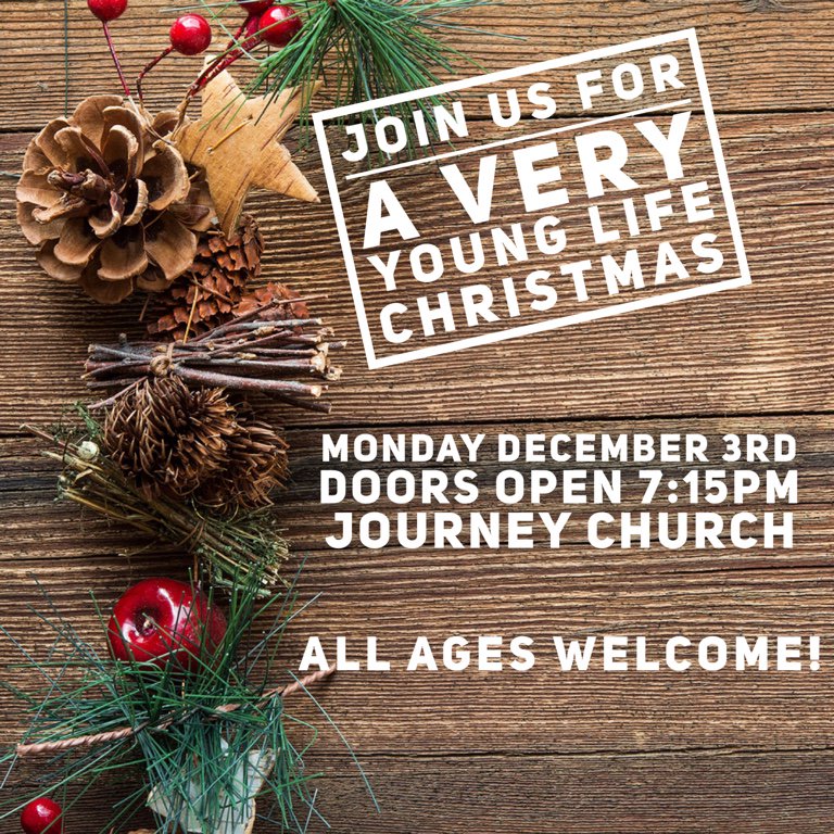 RCHSYL's tweet photo. A Very YOUNG LIFE Christmas Club is almost here! Join us on Monday December 3rd for an evening of laughter and fun!! Doors open at 7:15pm at Journey Church! See you there! https://t.co/t9xCDT4BJV