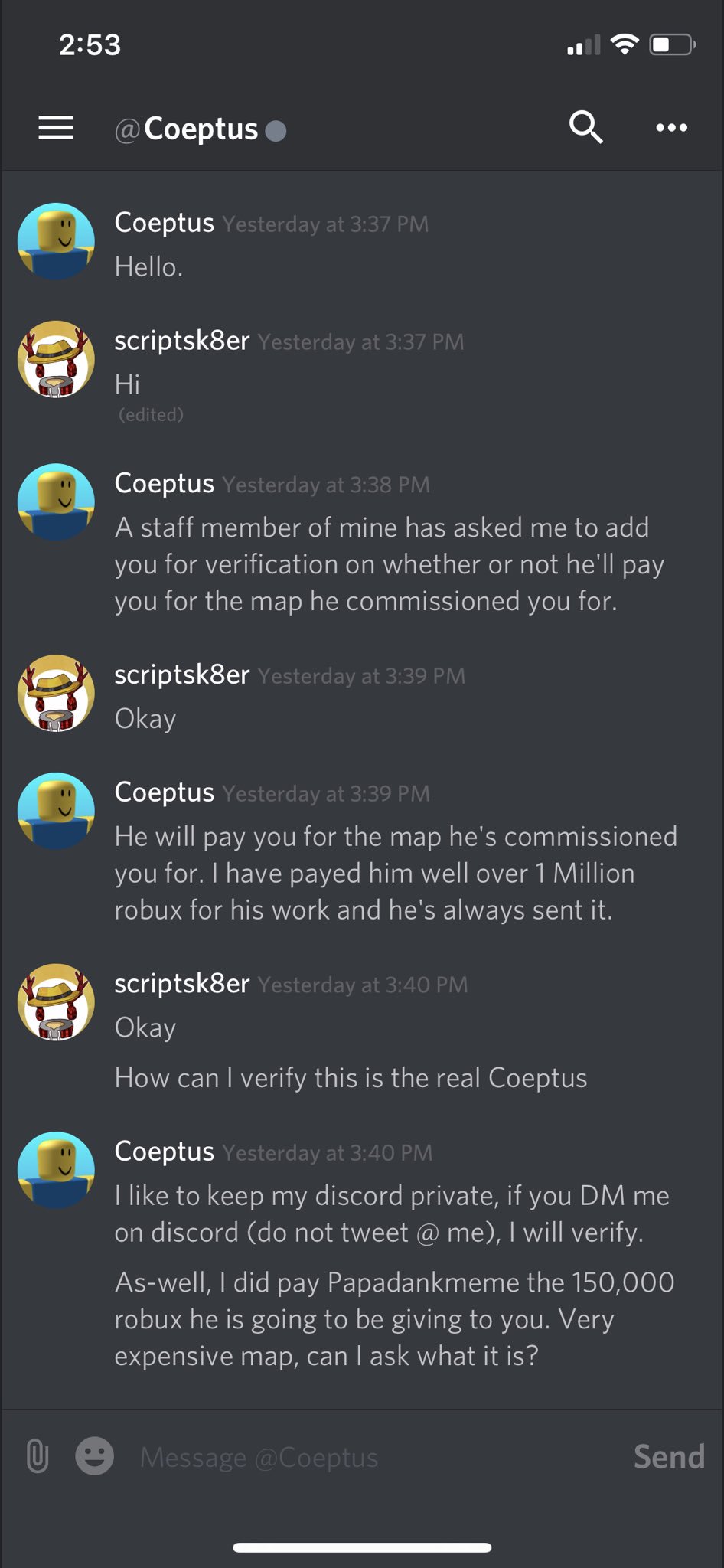 Scriptskater On Twitter By A User Named Coeptus7094 Who - 1 million robux screenshot