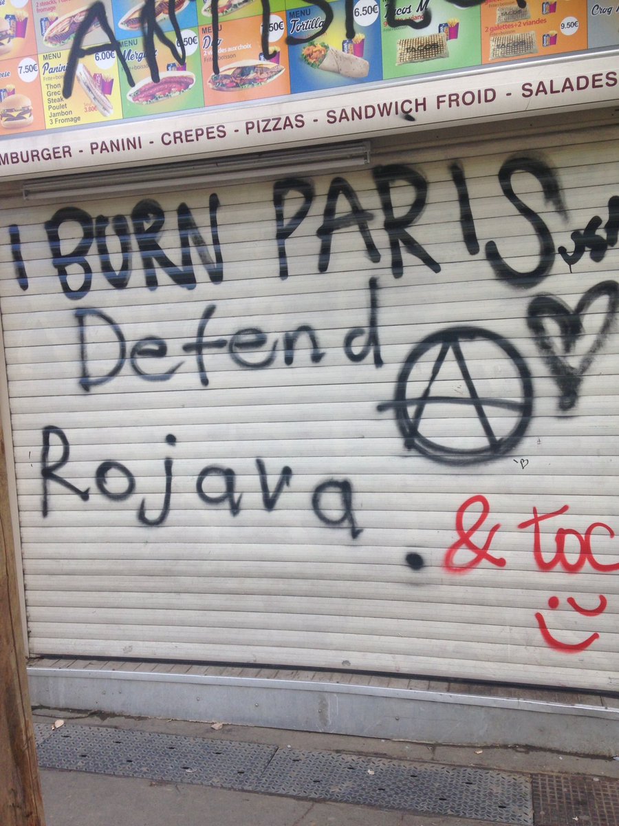 EremSenturk's tweet photo. Madam Mitterand’ın veledi zinaları Parislilere terörün tadına baktırıyor.  PKK’lılar da sahnede. https://t.co/UDWr1mXDxy