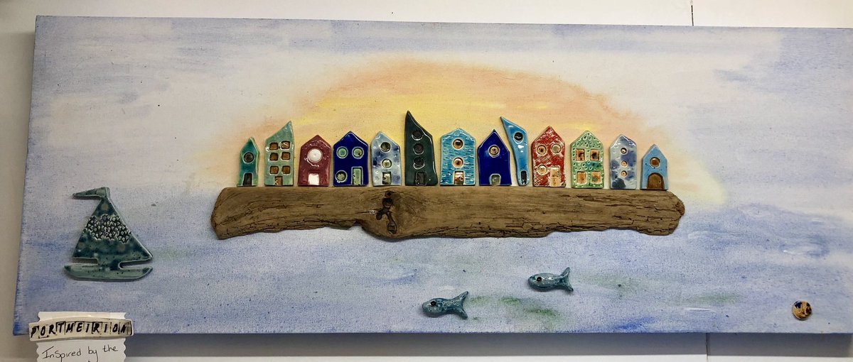 Inspired by @Portmeirion this one off acrylic painted canvas with individual hand crafted ceramic houses on welsh drift wood is for sale at the portmeirion winter fair tomorrow