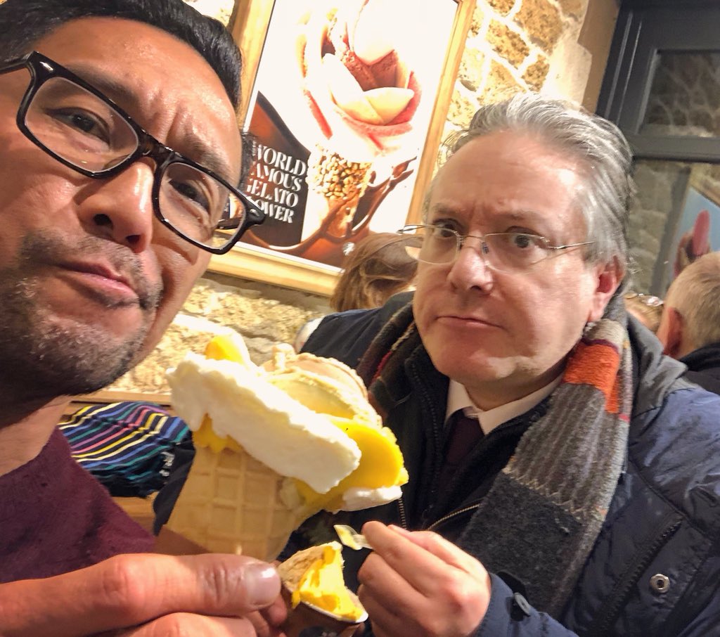 raymondyiu's tweet photo. Two grumpy composers failing to find a gelato joint which did not have a queue half the size of the last #PeoplesVote crowd. Still grumpy even after we got the gelato. #DivaBehaviour https://t.co/sMIU0yFuq9
