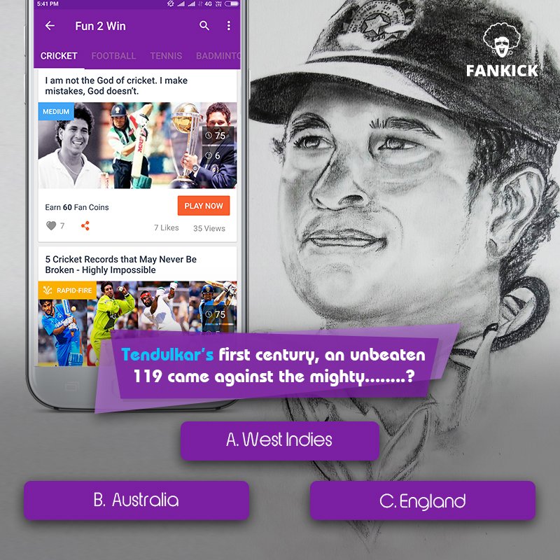 FanKickGlobal's tweet photo. Shout out to all #cricket lovers, do you think #Sachin is the god of cricket? partake in cricket #fun2win & find out. Play & challenge your friends: https://t.co/CJWoVxjK5o #SachinTendulkar https://t.co/XteBdTuonw