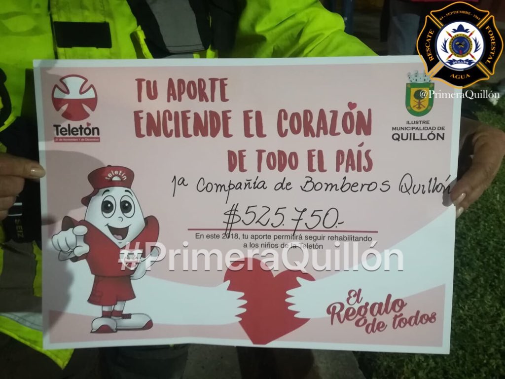 PrimeraQuillon's tweet photo. Nuestra compañía no quiso estar ausente en esta noble causa como lo es #Teleton, con la ayuda de nuestra comuna en la #Lavaton nuestro aporte es de $525.750.- #PrimeraQuillón #Teleton2018 #ElAbrazoDeTodos https://t.co/ncuP3ci3gA