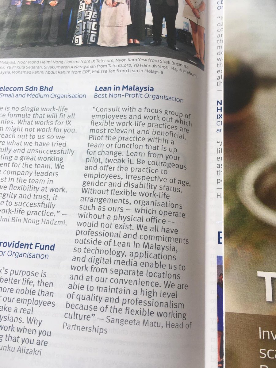 LeanInMalaysia's tweet photo. Featured in @theedgemarkets, Lean In Malaysia as the Best Non-Profit Organisation at @TalentCorpMsia’s #LifeAtWork2018.
Here’s our Head of Partnerships, Sangeeta Matu @volleySmArt’s on the importance of flexible work life arrangements at workplaces. https://t.co/s8nlD5Yddj