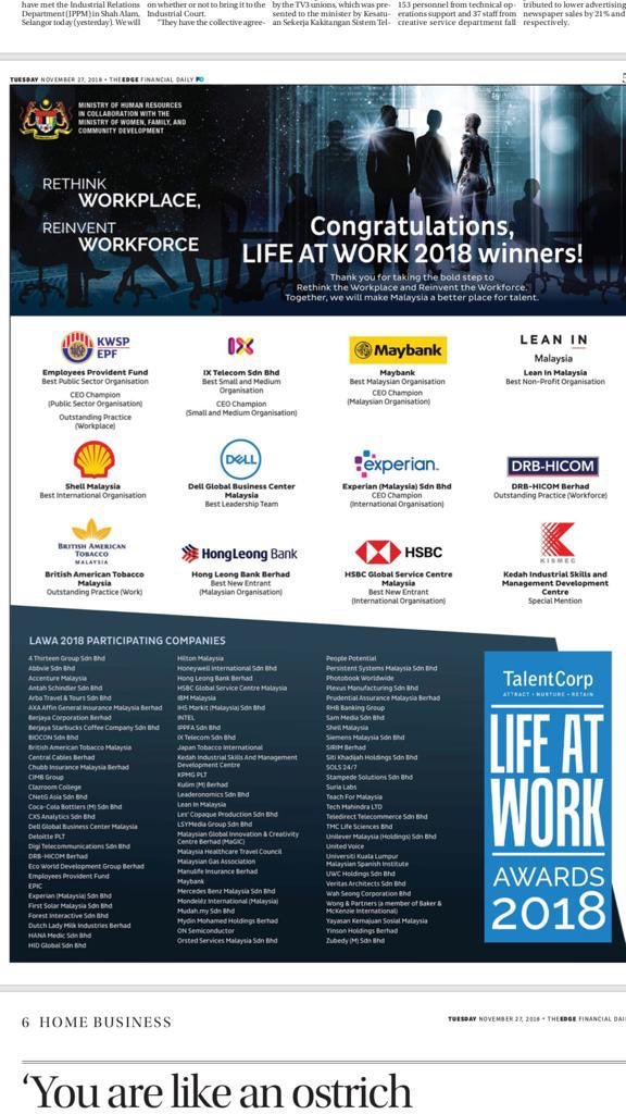LeanInMalaysia's tweet photo. Featured in @theedgemarkets, Lean In Malaysia as the Best Non-Profit Organisation at @TalentCorpMsia’s #LifeAtWork2018.
Here’s our Head of Partnerships, Sangeeta Matu @volleySmArt’s on the importance of flexible work life arrangements at workplaces. https://t.co/s8nlD5Yddj