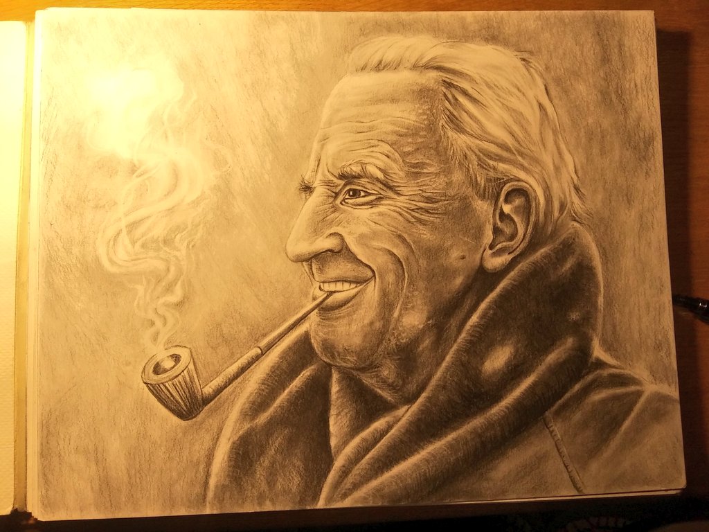 Based_Jedi's tweet image. Finished my portrait of JRR Tolkien. Lost track of the hours this took but as Tolkien himself said,
"All we have to decide is what to do with the time that is given to us."
.
