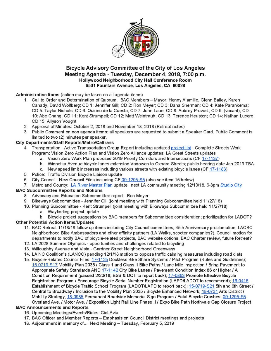 BicycleLACity's tweet photo. Tuesday's LA City Bicycle Advisory Committee meeting will include discussion of Vision Zero Work Plan proposed 2019 Priority Corridors and new speed limit increases including various streets with existing bicycle lanes +more.  12/4/18, 7pm in Hollywood.  See agenda for details. https://t.co/2NVex8JtnC