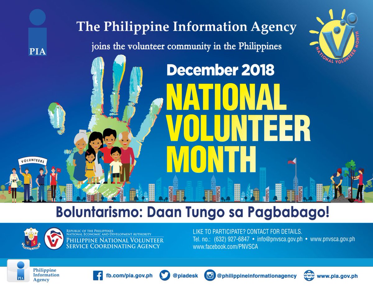 PIADesk's tweet photo. December is the month to celebrate the spirit of volunteerism as stated in Proclamation No. 55, s. 1998.

To know more about the activities on #NationalVolunteerMonth2018, visit:
https://t.co/sSsBEZ40zp

#PNVSCA | #EmpoweringCommunities https://t.co/yl60yEDfX0