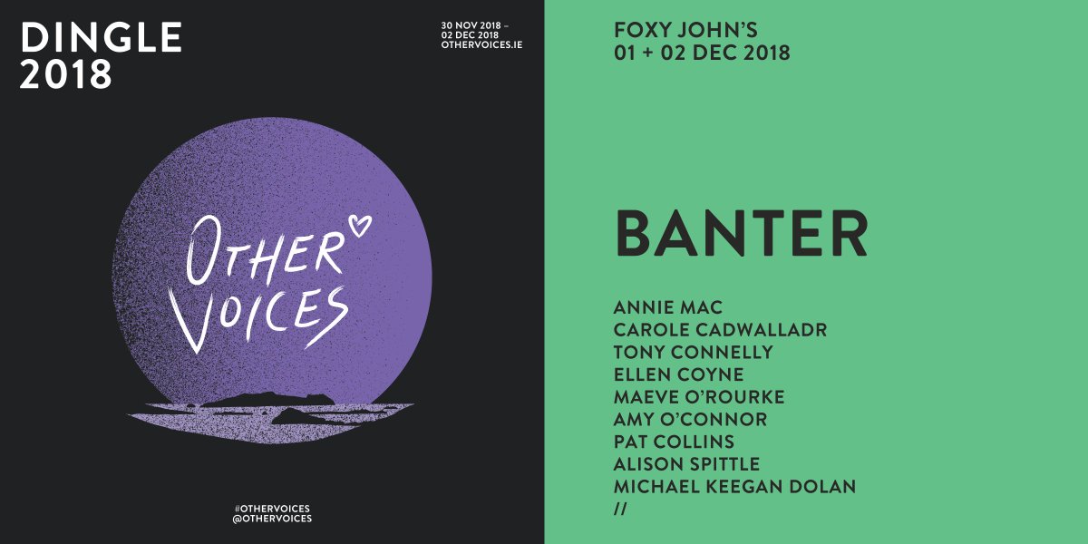 byjimcarroll's tweet image. Here’s the running order for day 2 of @hellobanter @OtherVoicesLive Foxy John’s Dingle: @carolecadwalla 1pm; @enabrennan 2pm; @amyohconnor 2.15pm; Pat Collins 3pm; Michael Keegan-Dolan 4pm, @CormacBegley 5pm &amp;amp; @AlisonSpittle 5.15pm. We’ll see you there