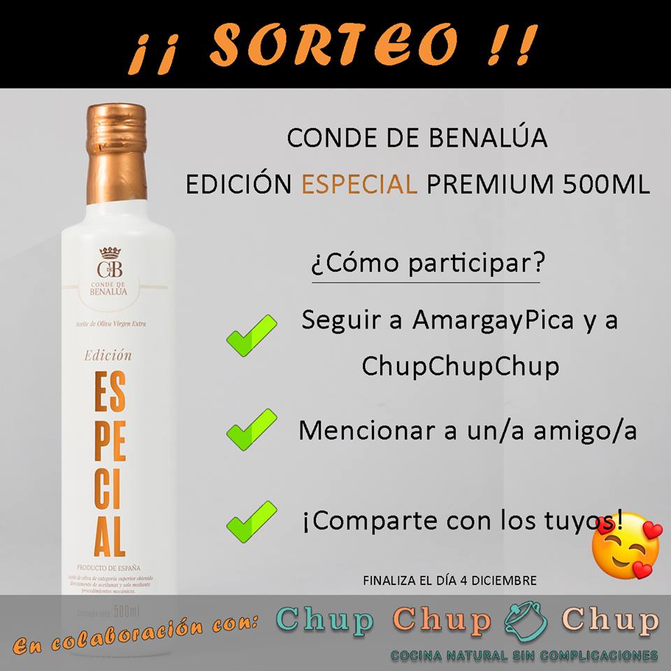 Te recuerdo que estoy de 🎁¡ SORTEO! 🎁en FB. Puedes llevarte una botella de CONDE DE BENALÚA Edición Especial Coupage, #aceite de oliva virgen extra #gourmet Clica aquí → bit.ly/2BK2CfA y participa en Facebook @AOVEAmargayPica