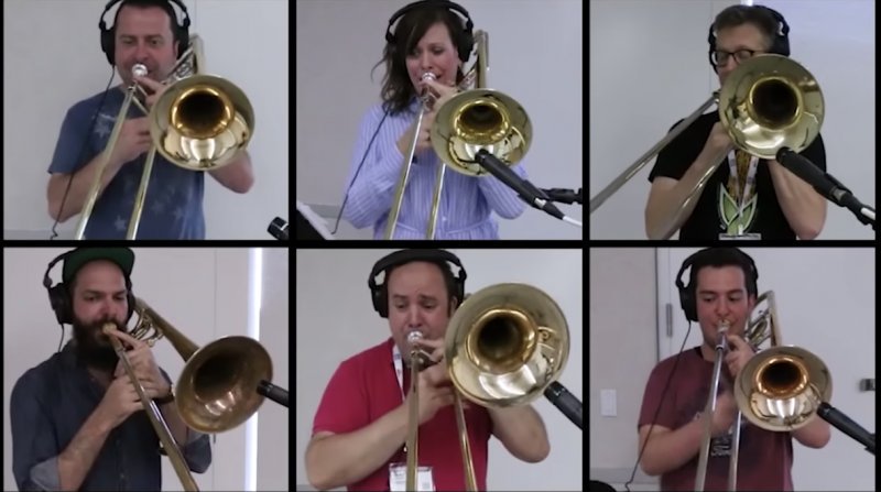 openculture's tweet photo. Queen’s "Bohemian Rhapsody" Played by 28 Trombone Players https://t.co/qsyTuTMmKp https://t.co/MZ1erv9HlT