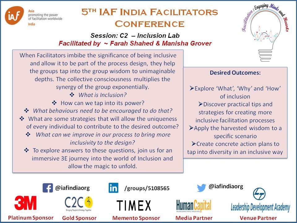 IAFIndiaOrg's tweet image. More about the session &quot;Inclusion Lab&quot; with Manisha Grover and Farah Shahed

#iafindia18 #facind #facilitation
@manishgrvr @just_farah
@Timex_India @3MIndialimited @c2cod @HumanCapitalOnl