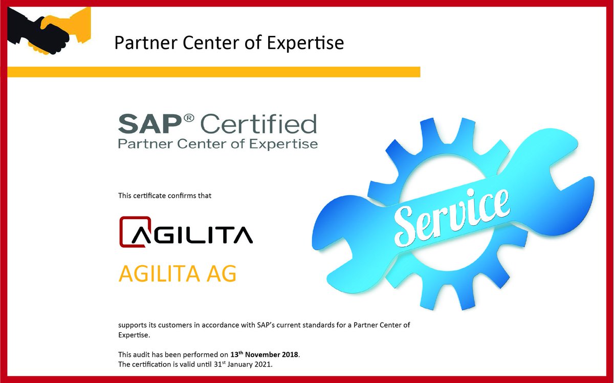 Herausragender Service- und Support der AGILITA mit dem SAP «Partner Center of Expertise» Zertifikat ausgezeichnet. ecs.page.link/HiUL