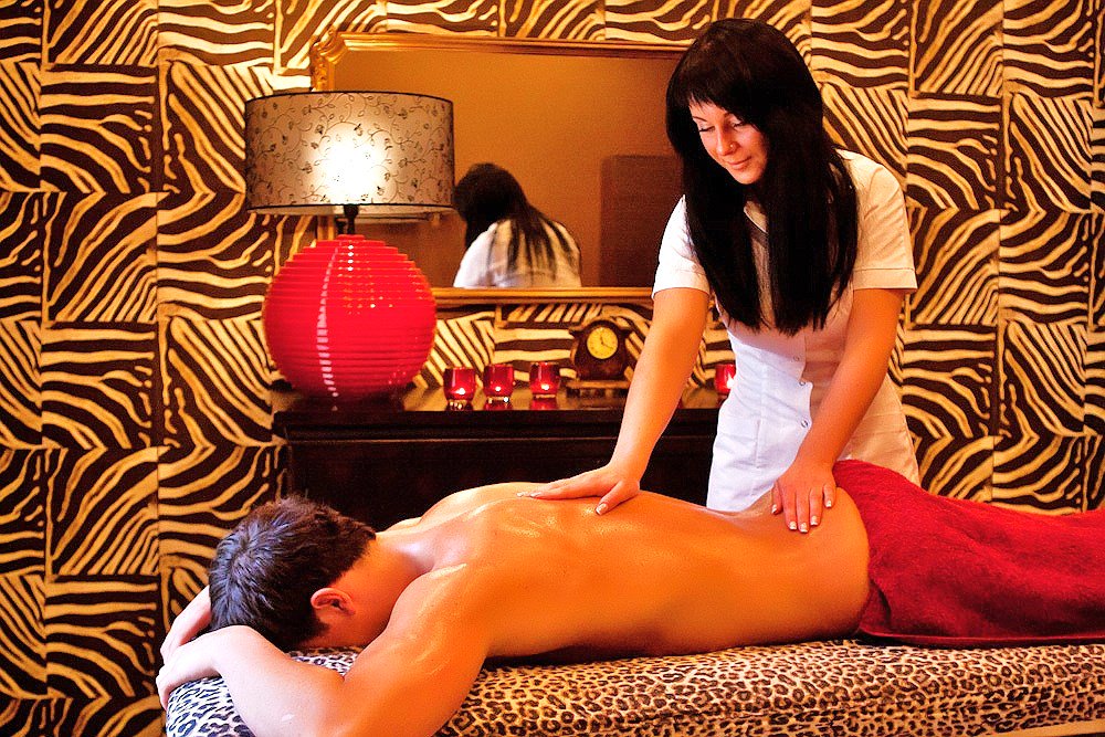 Shower curly boyfriend watches massage palor