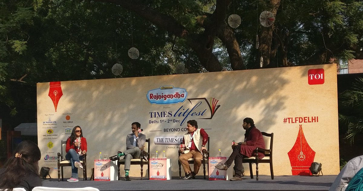 #TLFDelhi session of the day! @SatyarthNayak great job moderating and channeling @devduttmyth. Thank you @itsanandneel, @adityaiyengar  and @anujamouli. May this tribe of writers increase!