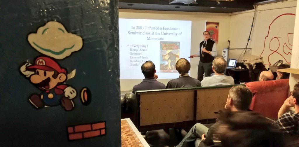Val_Drouet's tweet photo. Spending a super Sunday evening with Mario and @JimKakalios for a special #pint18 event at @Deux_pointZero! Go read #physicsofsuperheroes! https://t.co/vuDaT4AZO9
