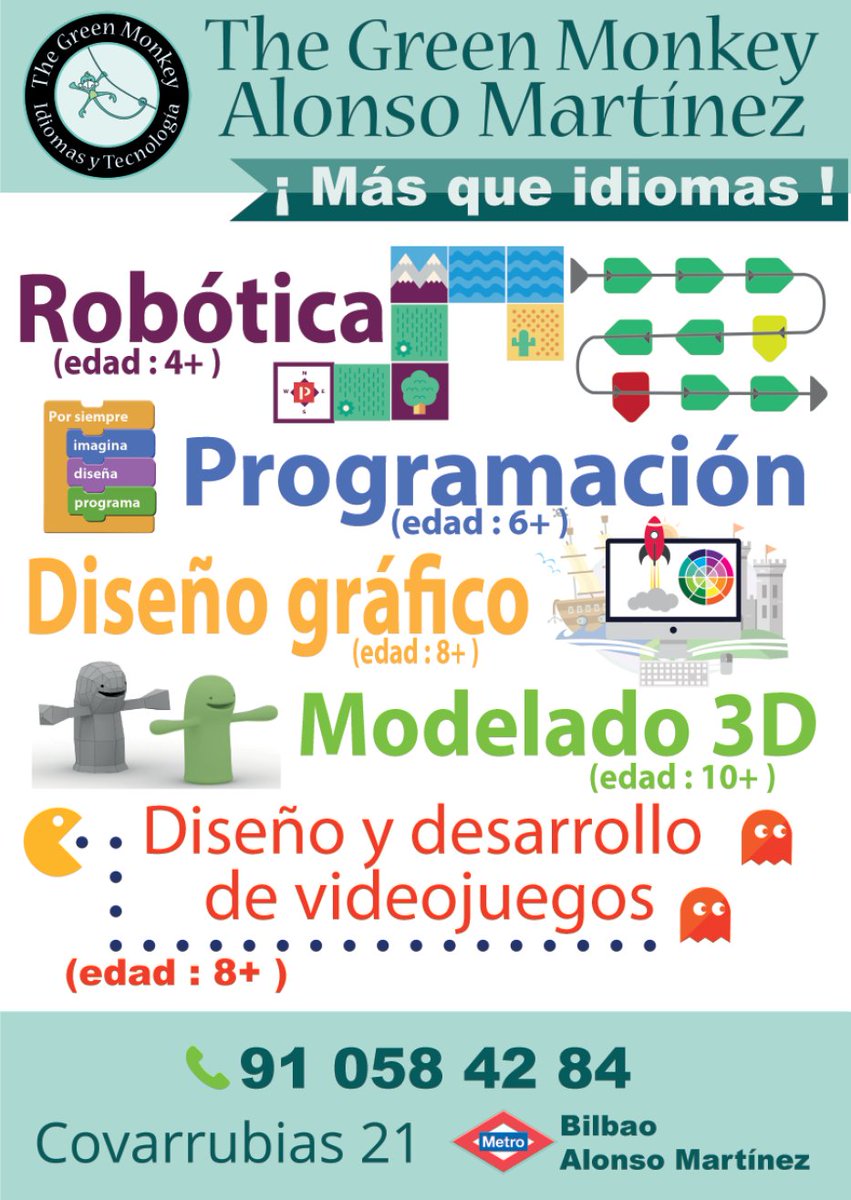 chamberidigital's tweet photo. Más que #idiomas en @TheGreenMonkeyM #Chamberí. Aprende #robótica, #programación, diseño gráfico y desarrollo de #videojuegos desde los 6 años. Están en C/Covarrubias, 21 llama la 91 058 42 84 #Madrid #PlanNiños #OcioPeques #Formación https://t.co/VPurwvEdiB