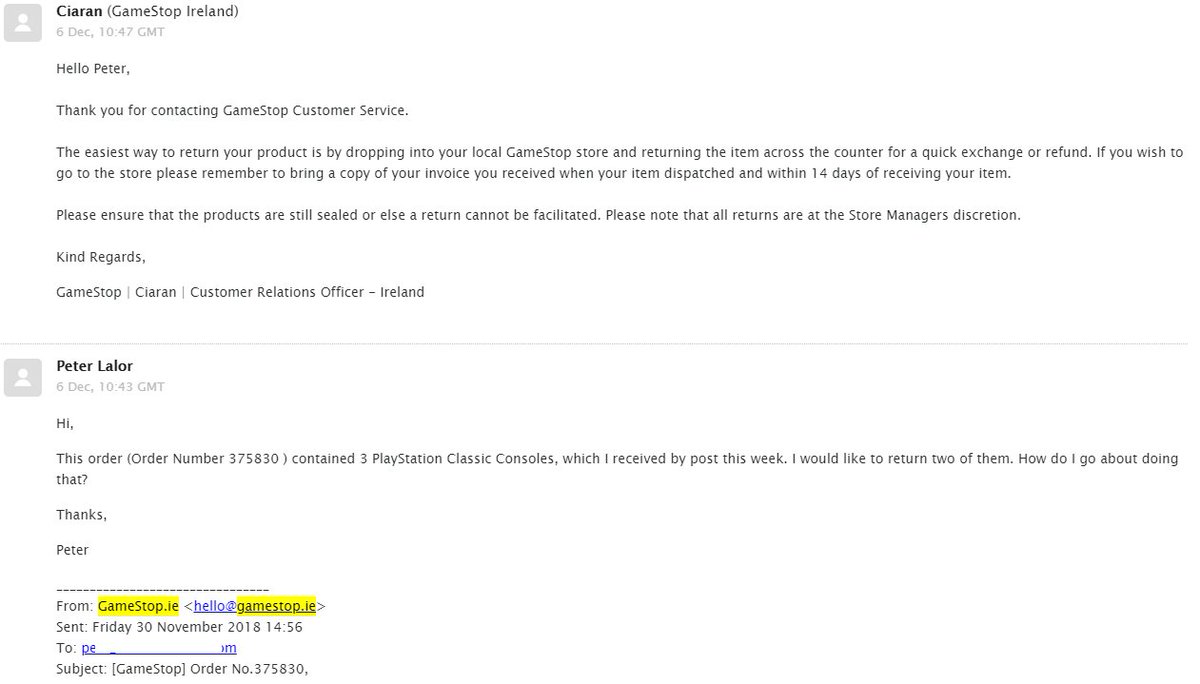 pete_lalor's tweet photo. @GameStopIreland Stephens green not honoring EU Cooling Off law for online sales(Unopened PS Classic).Staff + mngr never heard of law.Showed email from gamestop telling me 2 return,but refused saying only accept defective items @GameStop @GameStopHelp @PlayStation @PlayStationIE https://t.co/CmULKfUu9F
