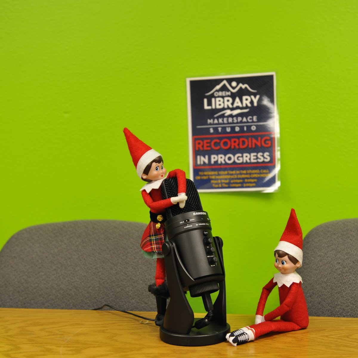 OremLibrary's tweet photo. Day 9- Did you know that the elves have their own podcast? Tune in to "Being ThemsElves" every day for more tips and tricks on how to be your best sElf! Or come to the MakerSpace Studio to record your own podcast. #ElfOnTheShelf #ChristmasCountdown #MakerSpaceStudio https://t.co/N88lnKR7Rz