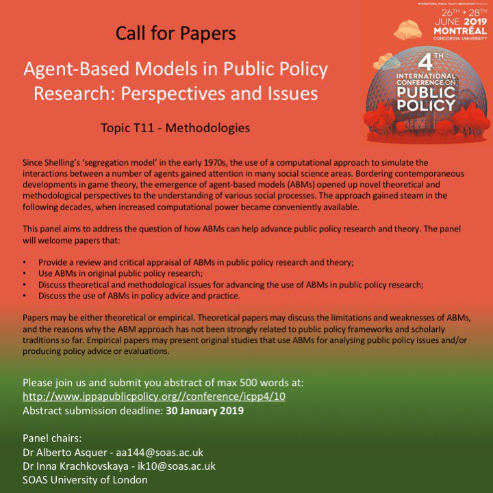 albertoasquer's tweet photo. Please join us at the Panel on "Agent-Based Models in Public Policy Research: Perspectives and Issues” at the 4th International Conference on Public Policy in Montreal 26-28 June 2019. Call for papers and details at https://t.co/FRnTnEvdYV #ICPP4 https://t.co/jfIEDh8QQt
