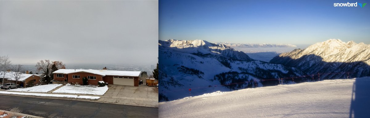 ProfessorPowder's tweet image. Salt Lake City vs. @Snowbird this morning.  The contrast couldn't be starker with the Salt Lake Valley capped by stratocumulus and encased in haze and smog #utwx