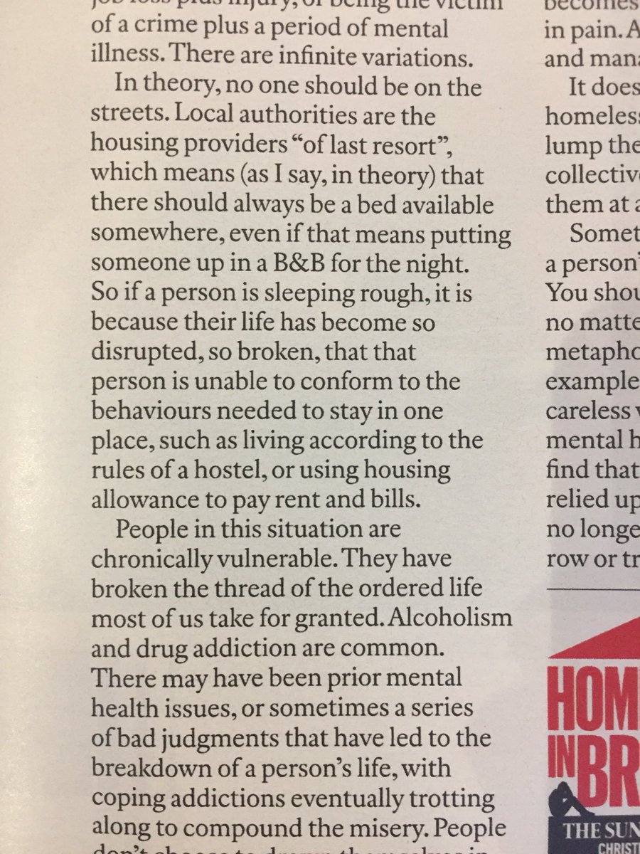 A4587GA's tweet photo. I’m by no means an expert, but suggesting people sleep rough because they are ‘unable to conform’ seems... well, wrong. I’ve spoken to homeless women who avoid hostels because they want to stay off drugs/drink, or who are afraid of who else might be there. Unable to conform? https://t.co/Zc2PmvJFkd