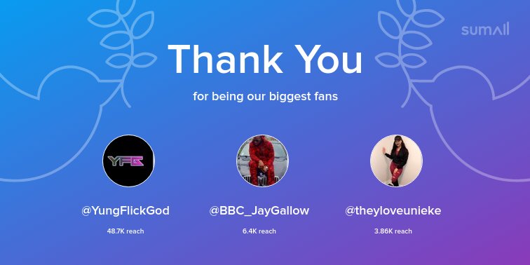 Our biggest fans this week: @yungflickgod, @BBC_JayGallow, @theyloveunieke. Thank you! via https://t.co/X1AIO2UqeB https://t.co/eMSh7Mj4pl
