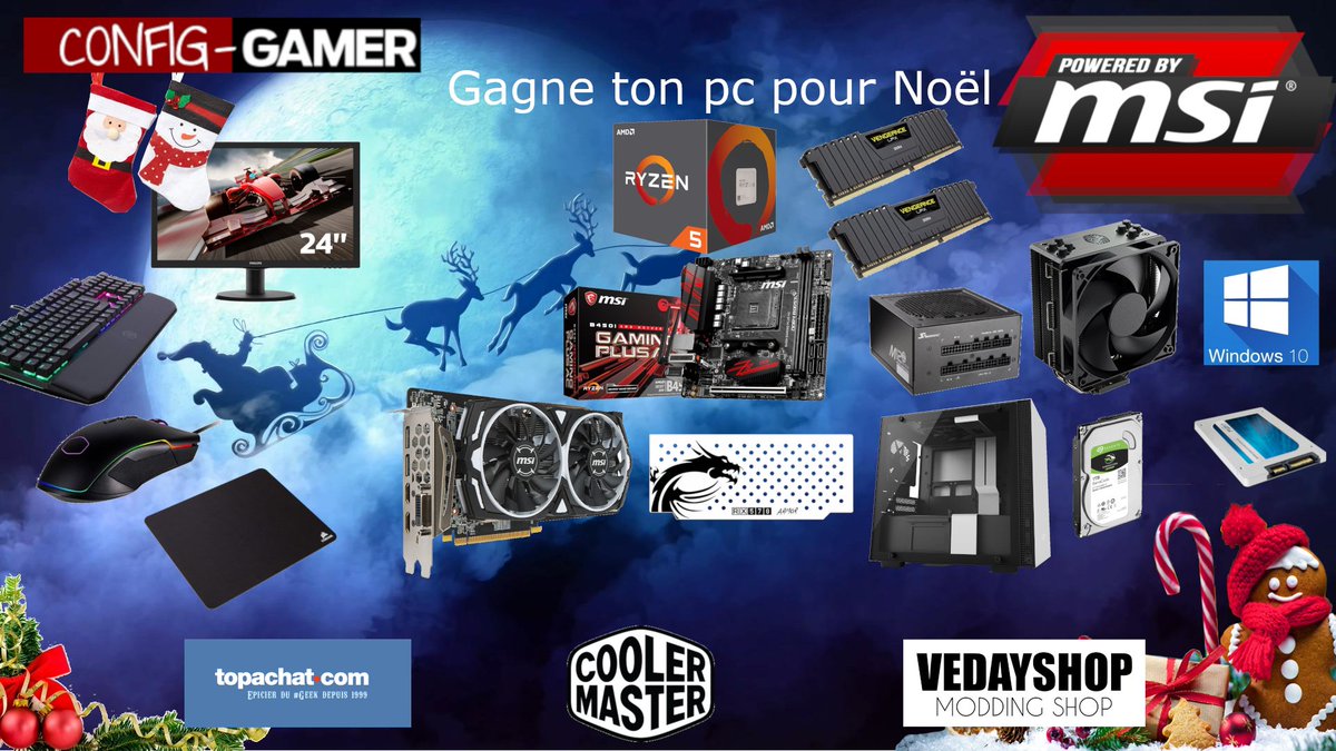 configgamer's tweet photo. Pour Noël, Config-Gamer t'offre ton setup complet power by @msifrance

Pour jouer :
- Follow la page config-gamer
- Retweet le post du concours
- Fait pas ton perso et tag un pote dans le besoin !
TAS le 16/12

Merci aussi à @coolermasterfr, @TopAchat et @vedayshop. https://t.co/twQZZAEPr8