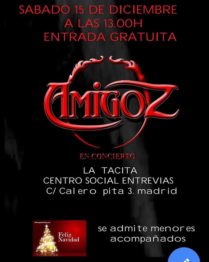 Ya se acercan las Navidades , y que mejor manera de despedir este año con buen #Rock estaremos a partir de 13h en#latacitacentrosocialentrevias , ven con nosotros a tomar el Vermú. Entrada Gratuita y si queréis venir con los niños , no lo dudéis, habrá barbacoa . C/Calero Pita 3