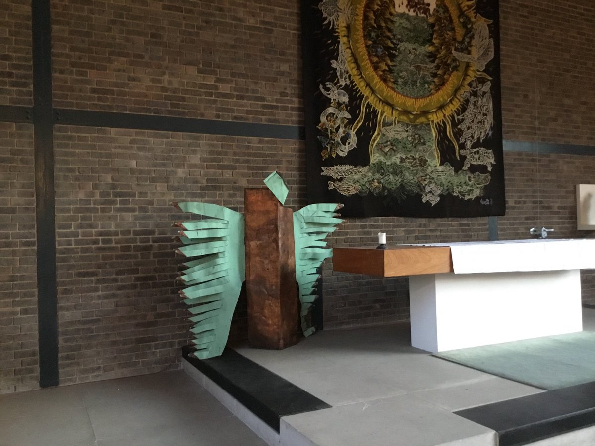 This beautiful copper angel in the Chapel is made from <a href="/ChiCathedral/">Chichester Cathedral</a> roof. Our @ChichesterArt artist Helen Solly calls it ‘Cu on the other side’, as it reveals the brown underneath of the copper that the public have never seen. The periodic table symbol for copper is Cu. Visit!