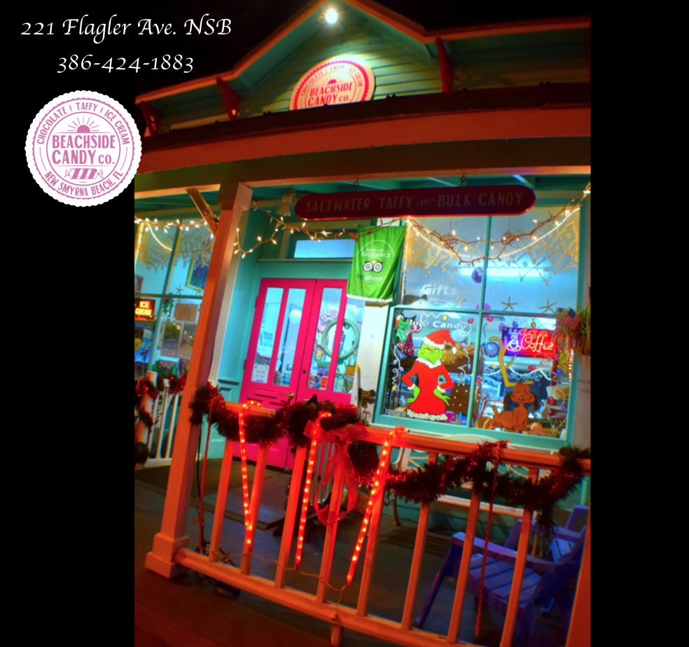 BeachsideCandy's tweet photo. It's beginning to look a lot like Christmas...On Flagler Ave. ... Enjoy the holiday season with a stroll along the Ave. 
#ShopLocal #BeachsideCandy Beachside Candy Co. #LoveNSB #FlaglerAve #ChristmasLights #BeachsideChristmas https://t.co/YydJbFYej5