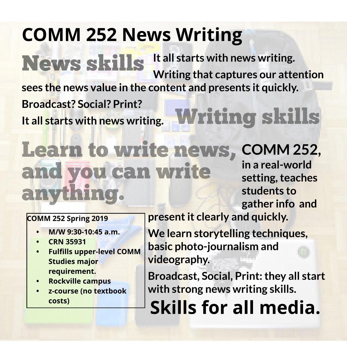 ipadreporter's tweet image. #montgomerycollege #mocoll #springcourses #spring2019
Take News Writing with award-winning journalist Steve Thurston.
Rockville, M/W, 9:30-10:45