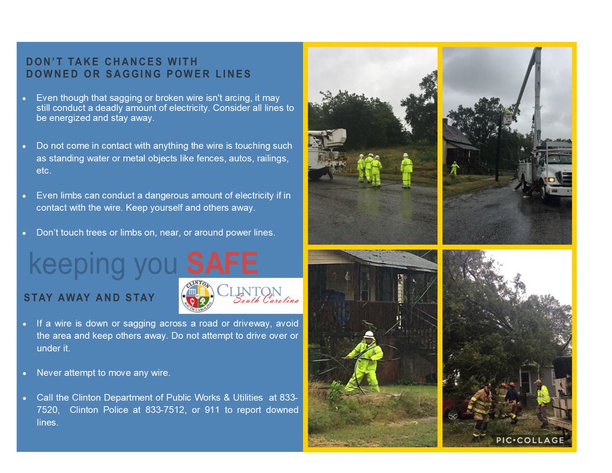The wet ground combined with icy conditions could cause downed lines and trees.  #StaySafe #StayAway from downed trees and lines.  #CityofClinton #WeGotThis #SafetyFirst