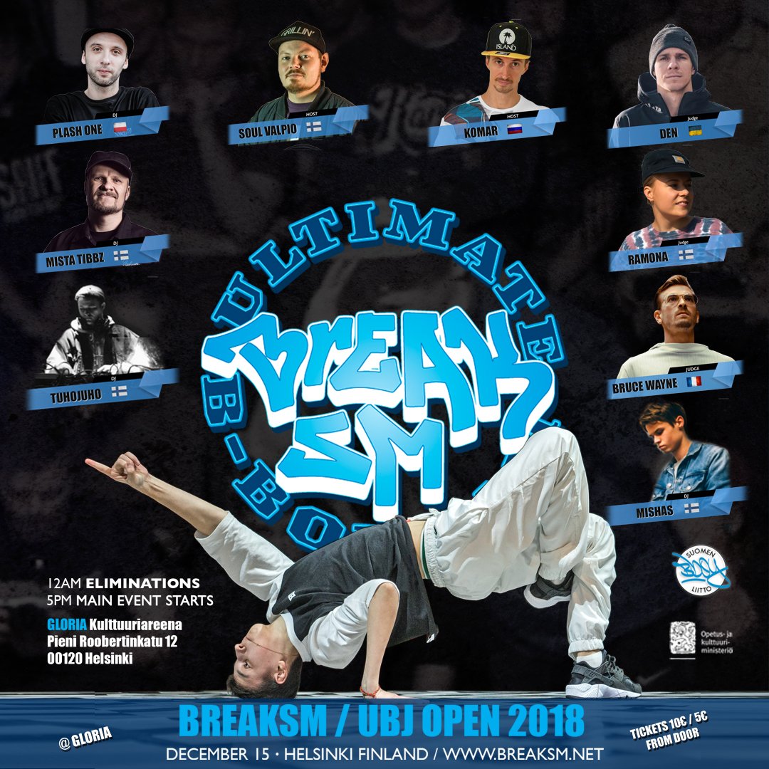 AlexGyllen's tweet photo. BreakSM / Ultimate B-boy Jam 2018 @Gloria 15.12.2018.
BreakSM / Ultimate B-boy Jam is free for everyone to participate from round the world winner will be rewarded and best Finn will take the national championship title. https://t.co/9yXIse7BhA #breaksm #suomenbboyliitto https://t.co/wyhYgkfUA5