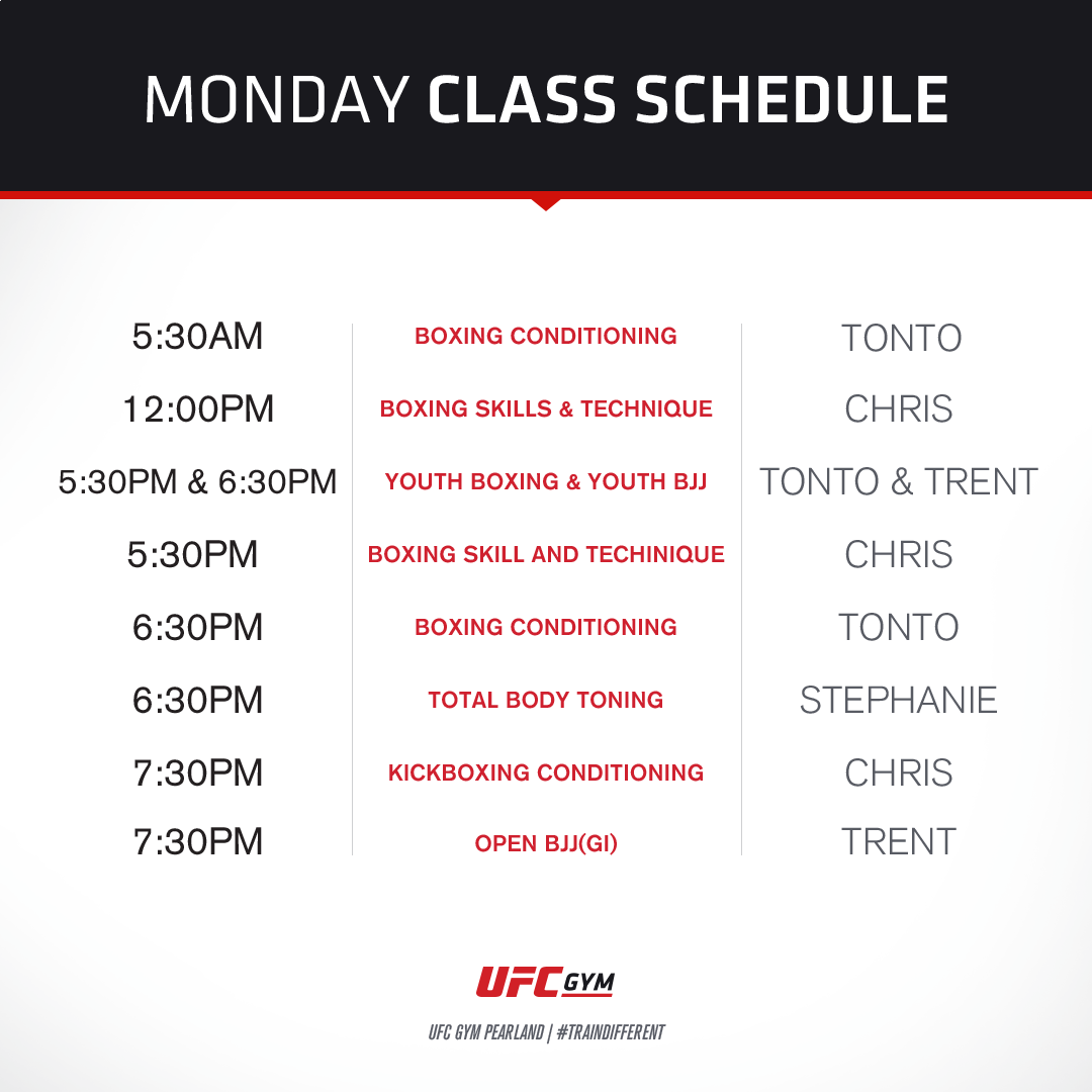 UFCGymPearland's tweet image. Let's start your first Monday of December with UFCGYM PEARLAND! Here is our new class schedule for Monday! 
See you at the gym.
#ufcgympearland #traindifferent #decemberworkout #powermonday
