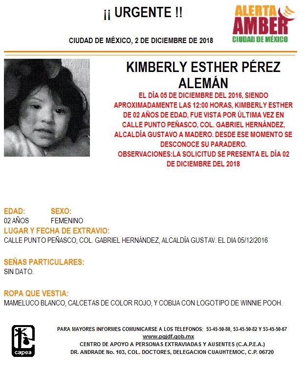 FiscaliaCDMX's tweet photo. Se activa #AlertaAmber para localizar a Kimberly Esther Pérez Alemán, vista por última vez en la colonia Gabriel Hernández, alcaldía Gustavo A. Madero. https://t.co/IVIM4oiQEA
