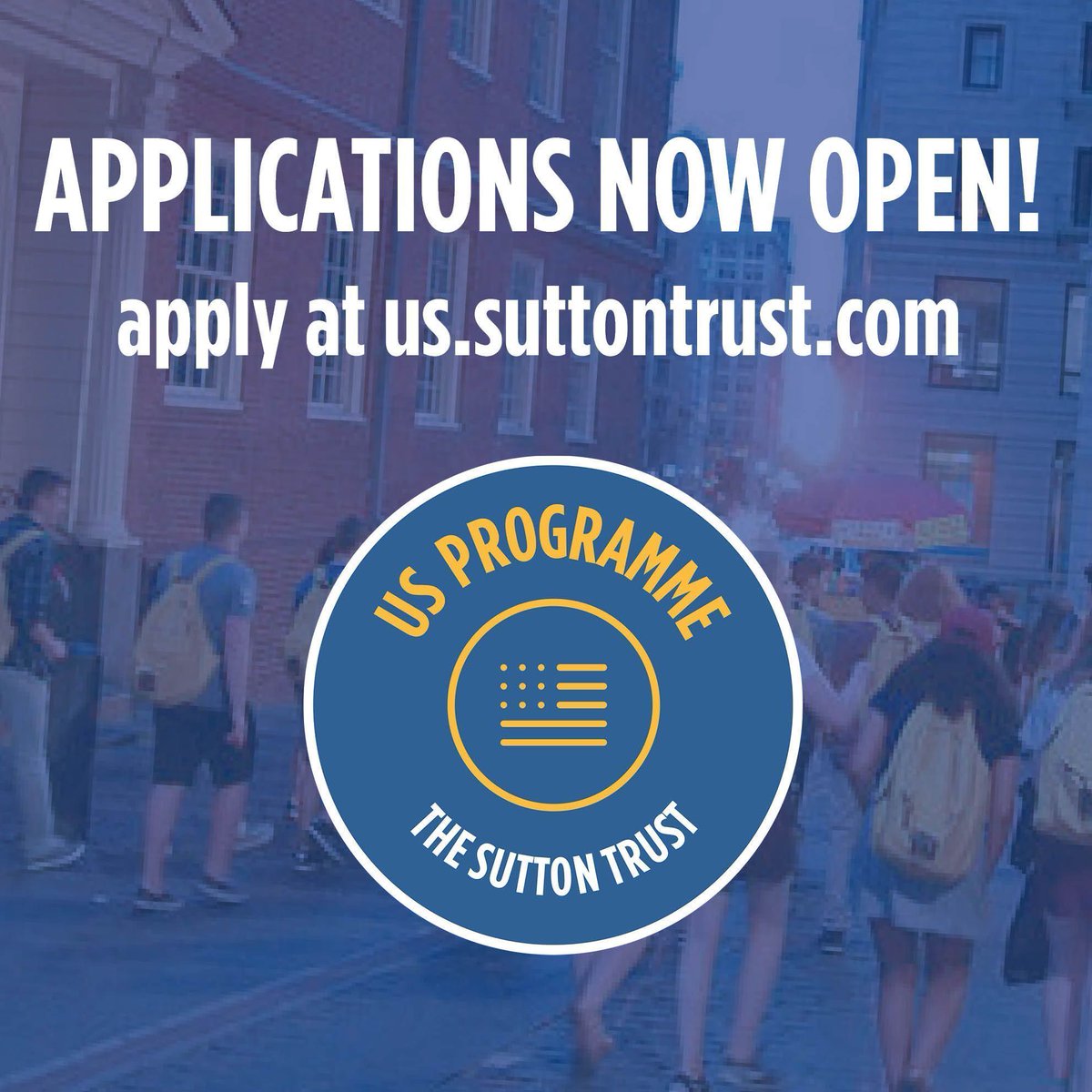 The Sutton Trust (@suttontrust) on Twitter photo Interested in studying at an American university?
Applications are open for our US Programme, offering Year 12s a taste of US university life through a weeklong trip to the States, admissions advice and more <a href="/USUKFulbright/">US-UK Fulbright</a> <a href="/BankofAmerica/">Bank of America</a>
Apply here: buff.ly/2DHqToR Interested in studying at an American university?
Applications are open for our US Programme, offering Year 12s a taste of US university life through a weeklong trip to the States, admissions advice and more <a href="/USUKFulbright/">US-UK Fulbright</a> <a href="/BankofAmerica/">Bank of America</a>
Apply here: buff.ly/2DHqToR