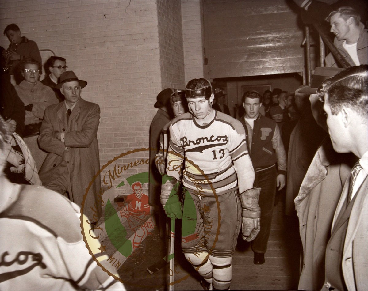 VintageMNHockey's tweet image. 95 days with 100 photo memories to State Boys Hockey Tourney - (@BroncoHockey1 Oscar Mahle takes to St. Paul Auditorium ice for 1957 State Championship game)