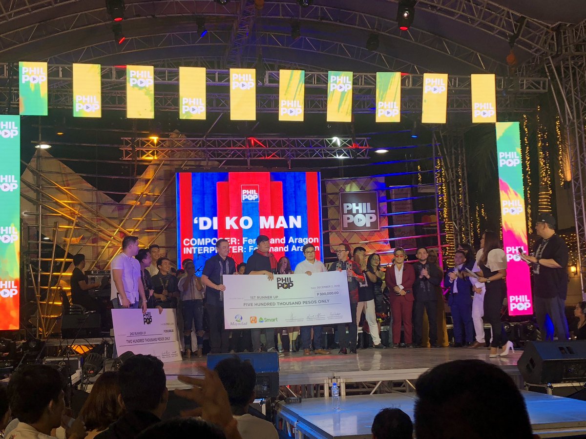 LiveSmart's tweet photo. Ferdinand Aragon takes home half a million pesos as he wins 1st runner up of #PhilPop2018 for his song, #DiKoMan!!! #SmartPhilPop https://t.co/9mV6Jm7D6P