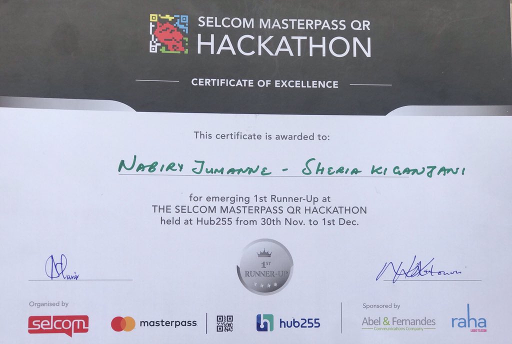JjNabiry's tweet photo. Once again Sheria Kiganjani App First runner-up #MasterpassQRHackathon .
Iโm so happy and honored, Thank you so much @SelcomTanzania @255Hub @liquidtelecomtz #legaltechsummit2018 https://t.co/qwAjjlJ7rn