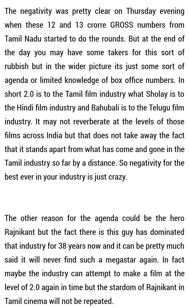 LMKMovieManiac's tweet photo. POWERFUL, TRUE words from https://t.co/wIFljzMqhn
"#2Point0 has a lot of negativity in the South &amp; it mainly seems to be coming from the Tamil film industry or people linked to that industry when in truth it is THE film of that industry &amp; should be the pride of that industry."👌 https://t.co/YA5EsGHeoR