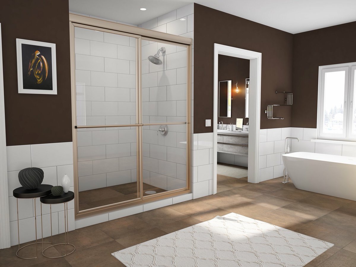 Beautify your bath with the framed sliding Newport door and mixed metal fixtures for a modern look.